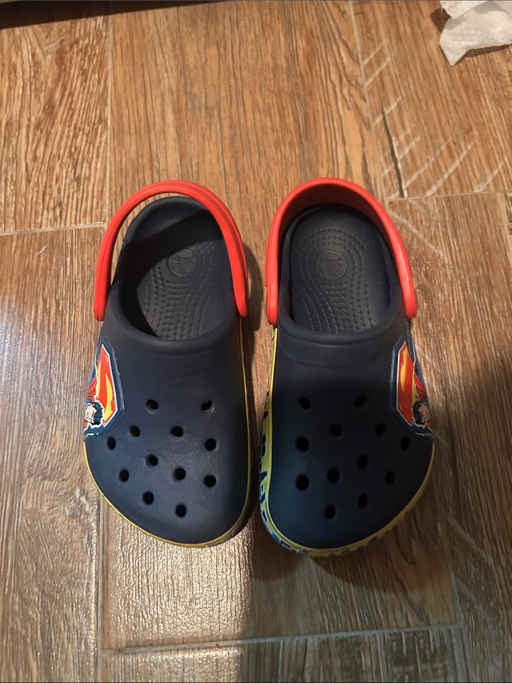CROCS Kids Navy Blue Superman Clogs with Red Heel Straps and Yellow Trim 6C